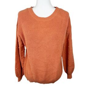Andree by Unit Sweater Women Medium Orange Ribbed Pullover Tufted Sleeve
